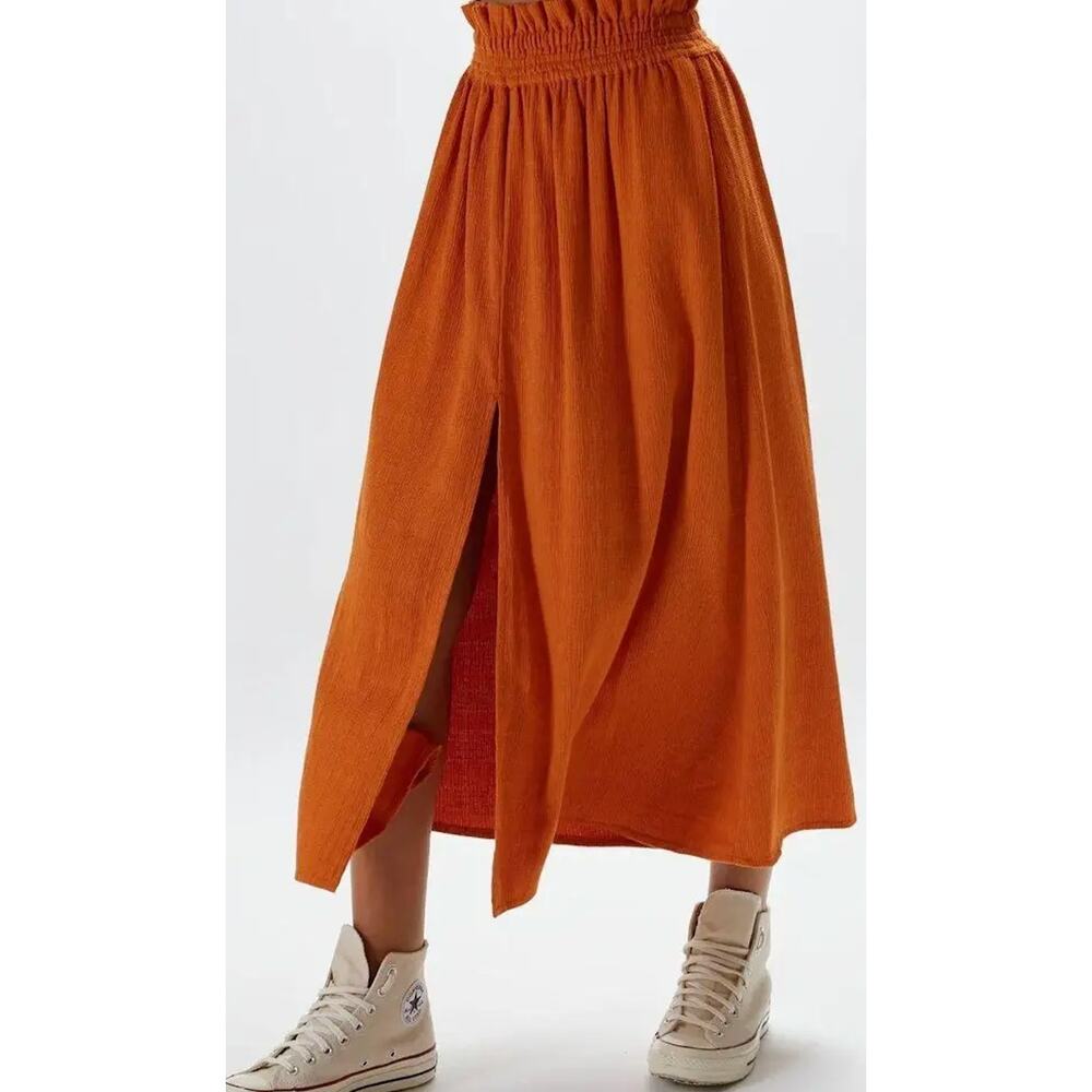 HOUSE OF HARLOW 1960 NWT Corduroy Smocked Waist Front Slit Midi Skirt Rust S/M